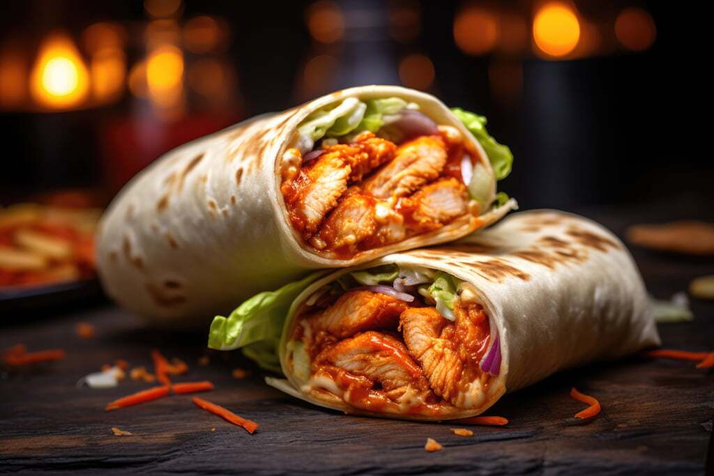 Buffalo Chicken Wrap On Stone Blurred Background Rustic Pub Memphis micro markets and healthy vending machines