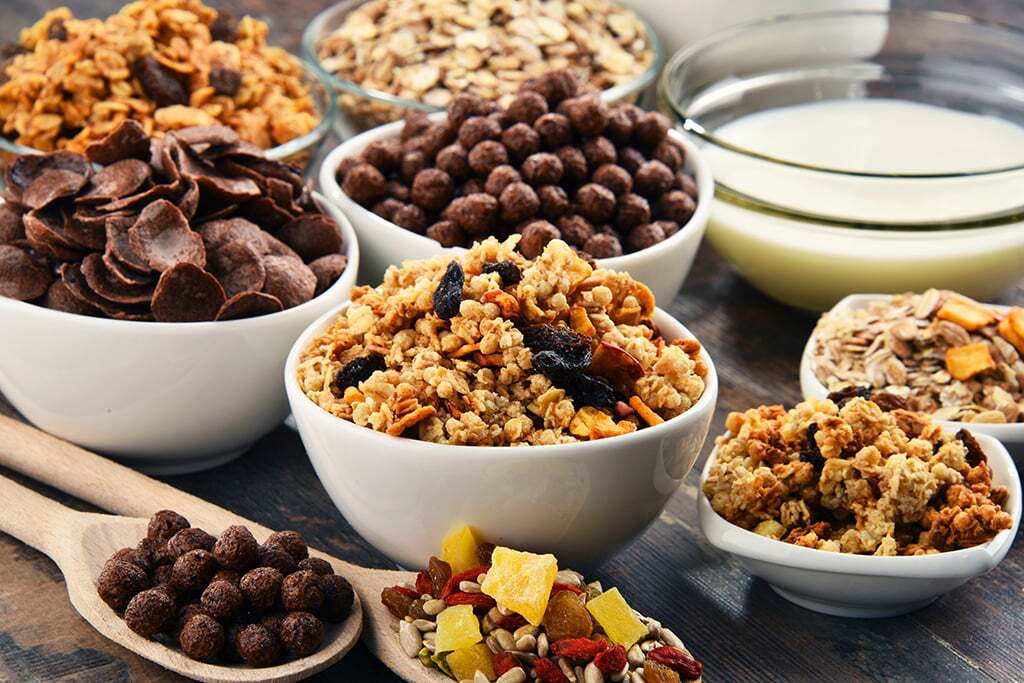 Composition with different sorts of breakfast cereal products Memphis office pantry service and beverage vending machines