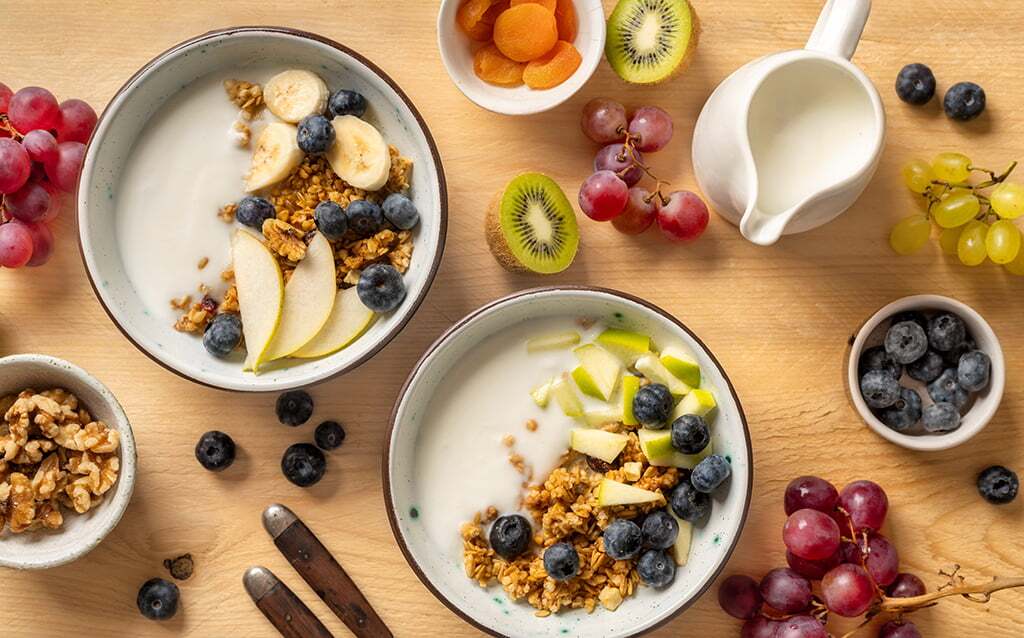 Healthy breakfast bowl with ingredients top view weight loss healthy lifestyle office pantry service and vending service in Milwaukee