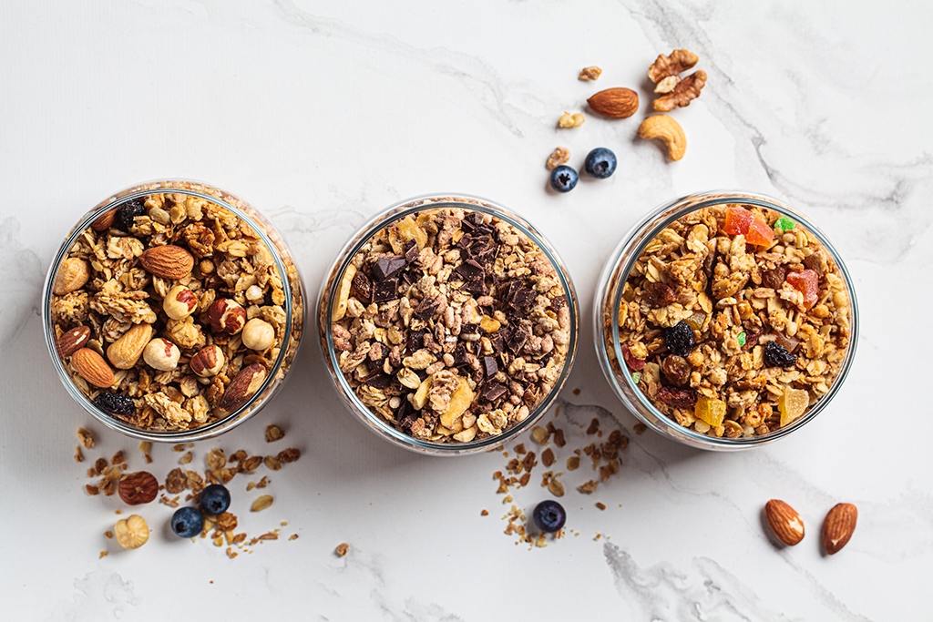 Different types of homemade granola (fruit, nut and chocolate) i Kansas City office pantry service and healthy vending service