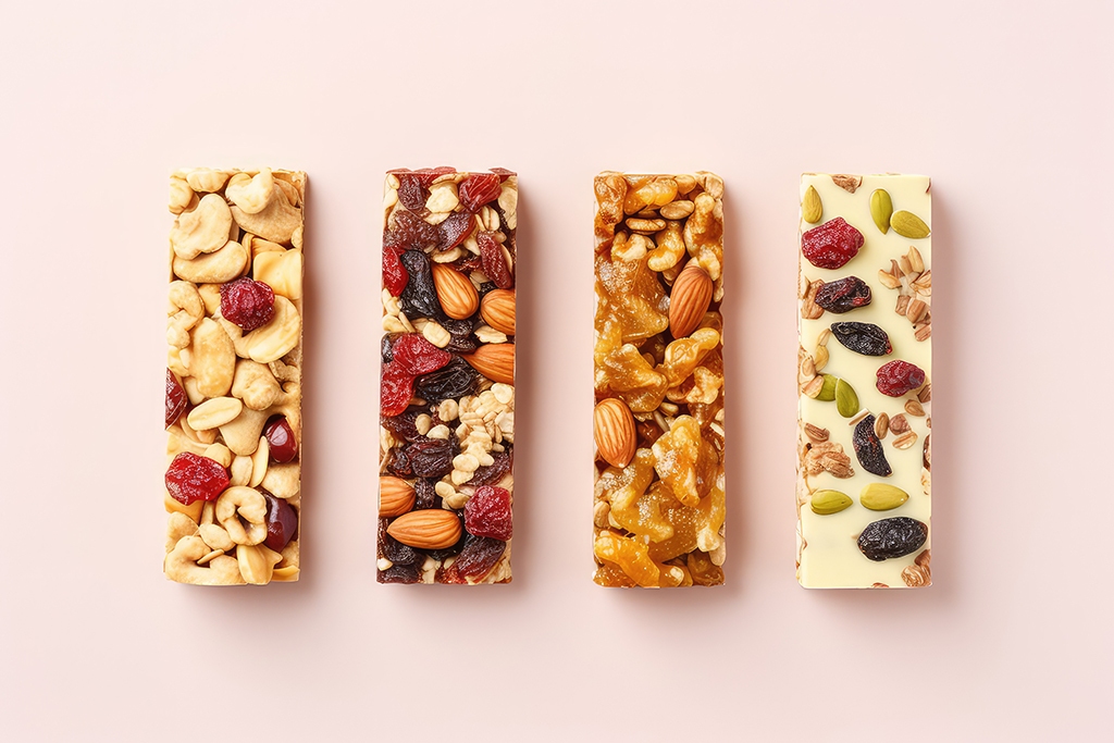 Top view of various healthy granola bars, muesli, cereal, nuts. office pantry service and vending service in Tampa