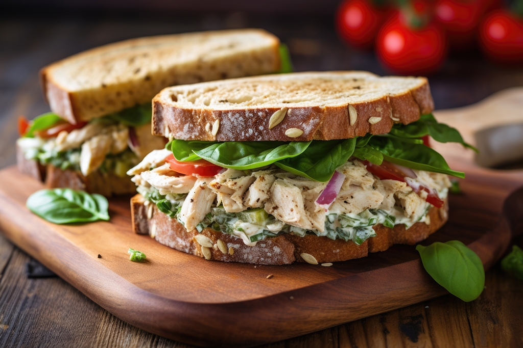 a rustic chicken salad sandwich on a wooden board micro markets and food vending machines in Aurora