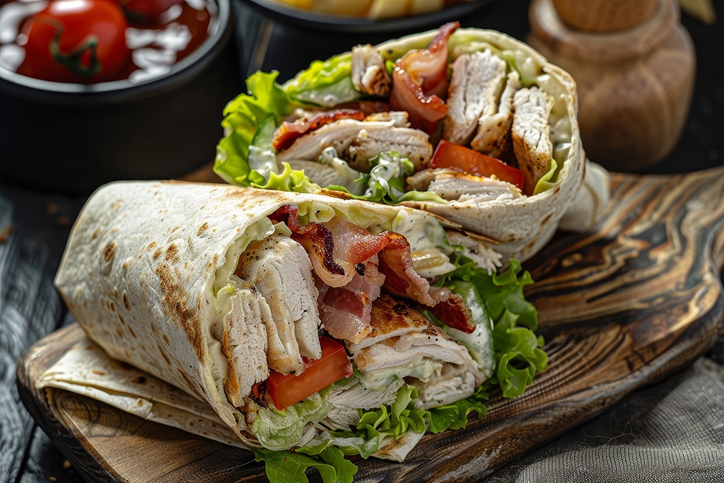 Chicken caesar salad wraps with bacon tomatoes lettuce and cheese Twist on tortilla burrito sandwich rolls Irvine micro markets and vending machine solutions