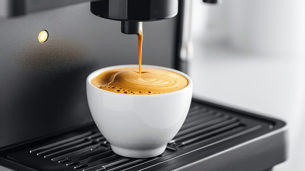 A close-up shot showing an espresso machine dispensing a freshly office coffee and beverage vending machines in Riverside