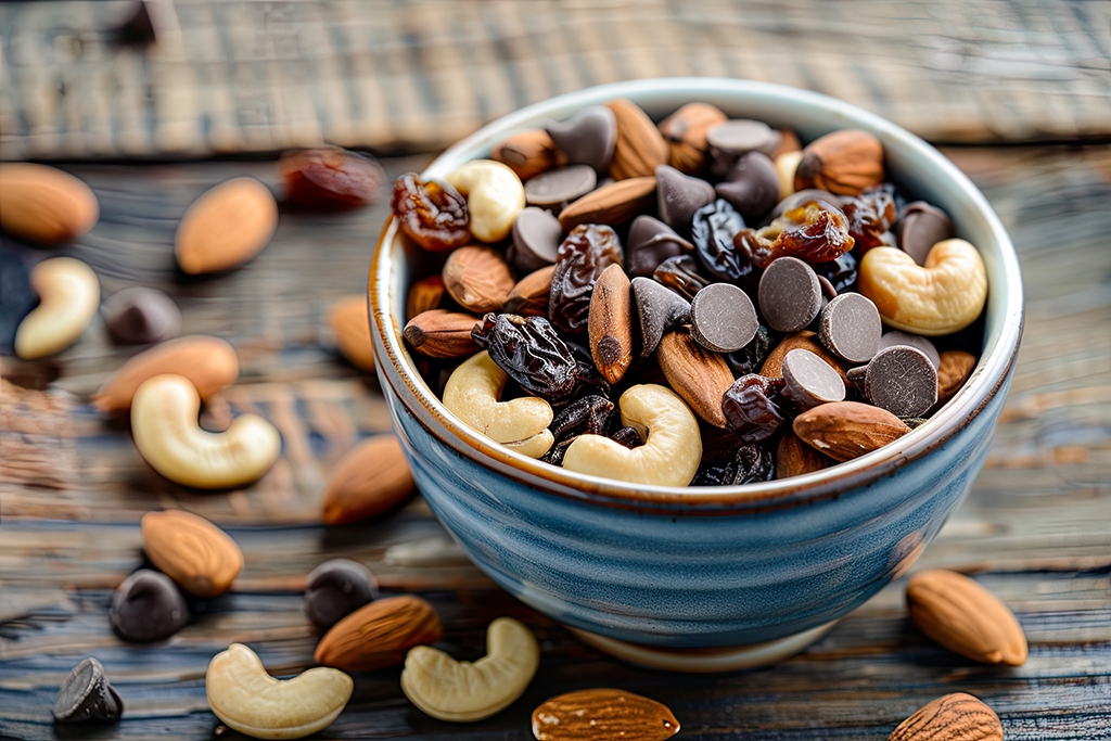 Close-up of a bowl of trail mix with almonds, cashews, chocolate chips, and raisins. Wichita office pantry service and healthy vending service