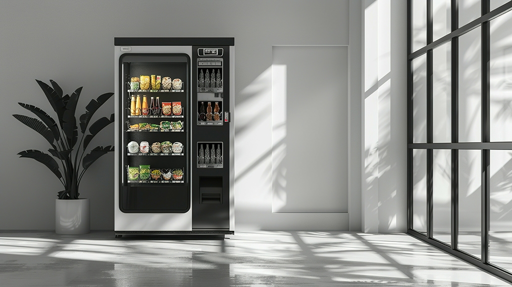 Modern Vending Machine with Snacks and Beverages in a White Room Wichita healthy vending service and water service