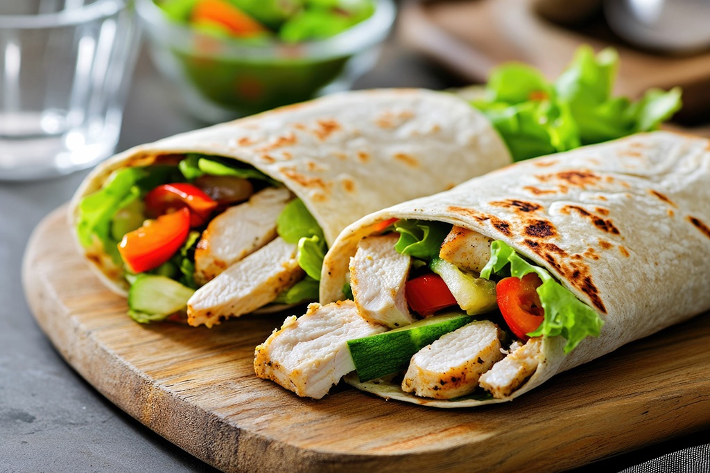 Chicken and salad tortilla wraps on a wooden board with an elega Durham micro markets and vending machine solutions