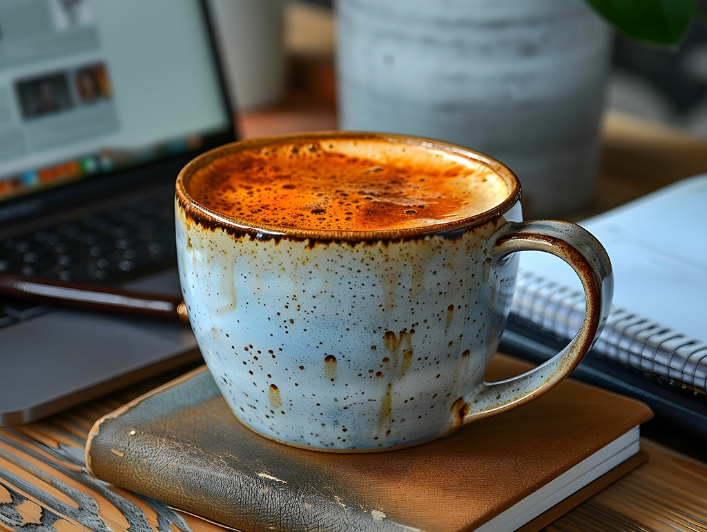 A warm cup of coffee placed on a wooden table next to a laptop, office coffee and beverage vending machines in Aurora
